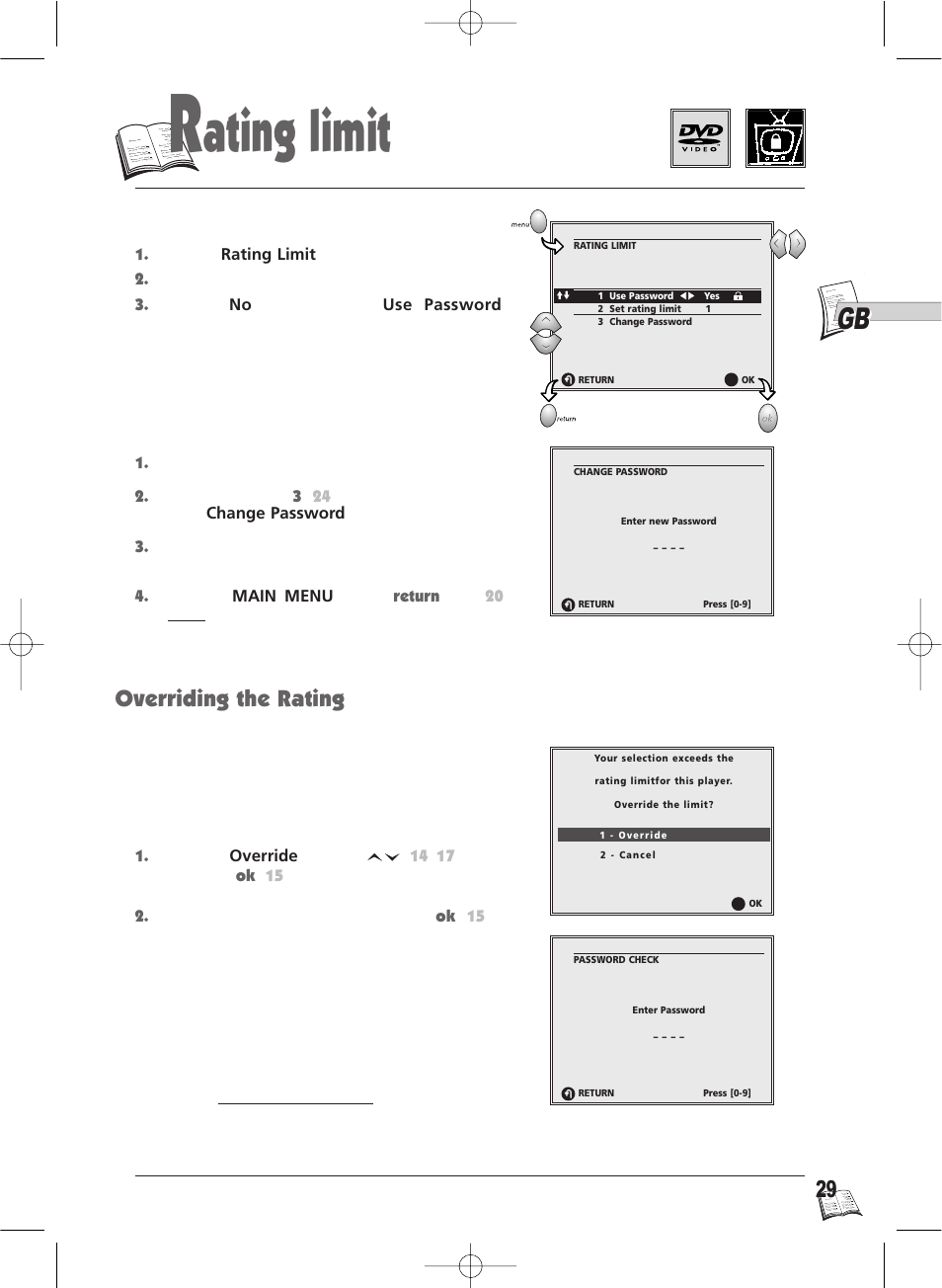 Ating limit, Overriding the rating, For dvds | Player unlock and rating limit cancellation, Password change | Technicolor - Thomson IB5400GB User Manual | Page 29 / 36