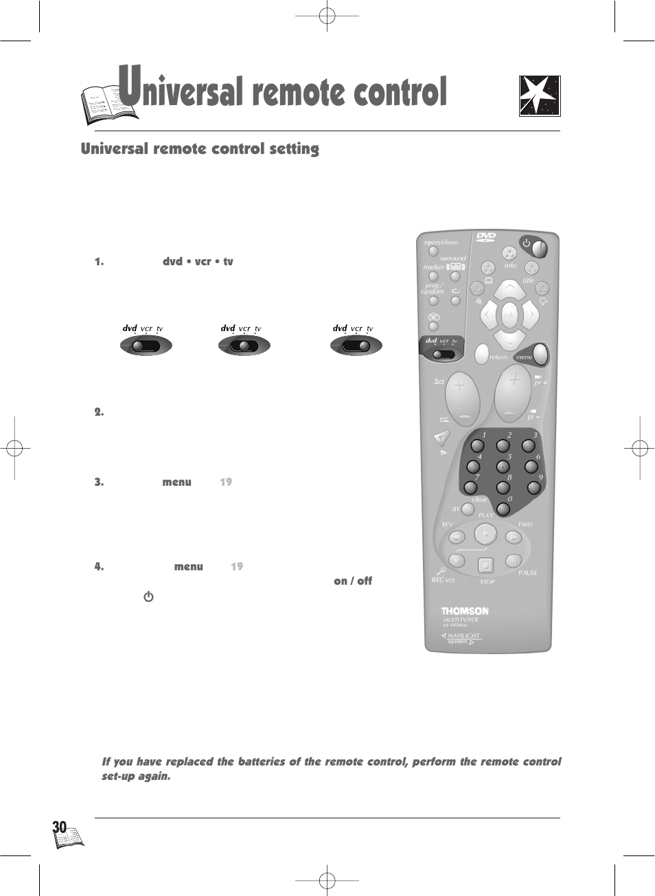 Niversal remote control, Universal remote control setting | Technicolor - Thomson IB5400GB User Manual | Page 30 / 36
