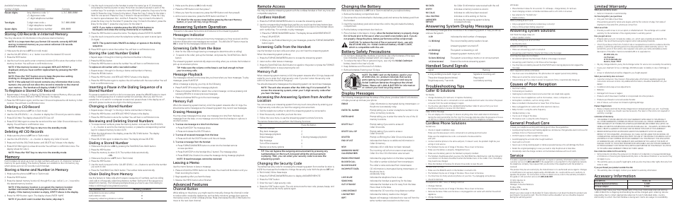 Answering system operation, Advanced features, Display messages | Answering system display messages, Handset sound signals, Troubleshooting tips, Accessory information, Causes of poor reception, General product care, Service | Technicolor - Thomson 25846 User Manual | Page 2 / 2