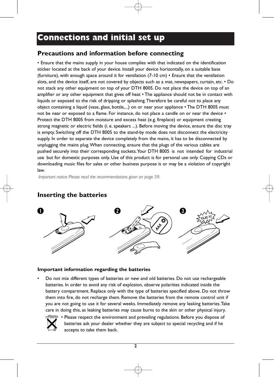 Connections and initial set up | Technicolor - Thomson DTH8005 User Manual | Page 2 / 60