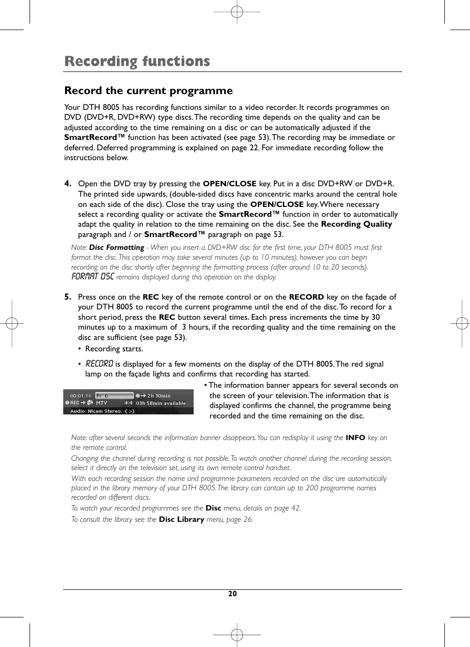 Recording functions, Record the current programme | Technicolor - Thomson DTH8005 User Manual | Page 20 / 60