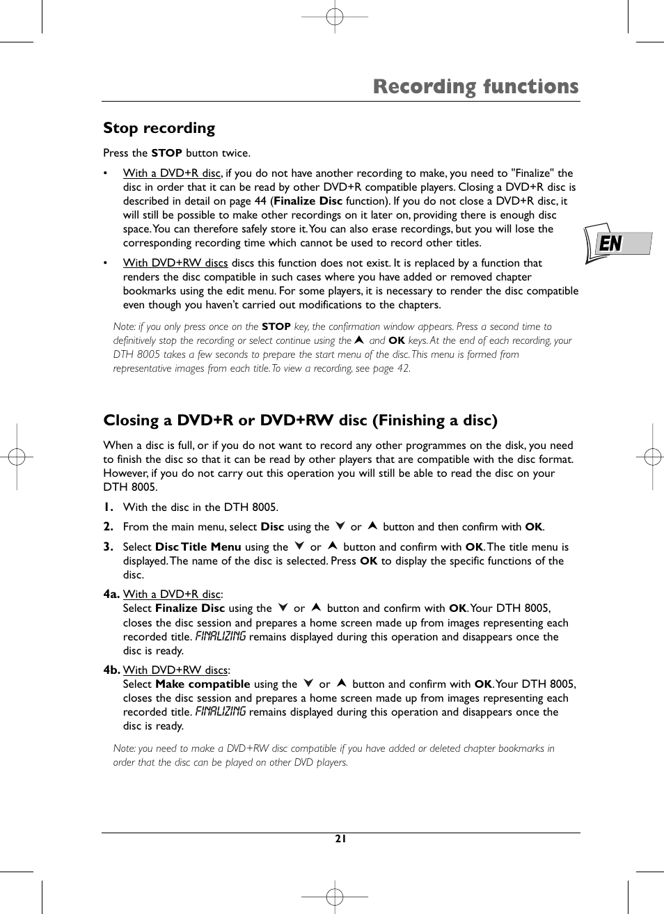 Recording functions, Stop recording, Closing a dvd+r or dvd+rw disc (finishing a disc) | Technicolor - Thomson DTH8005 User Manual | Page 21 / 60