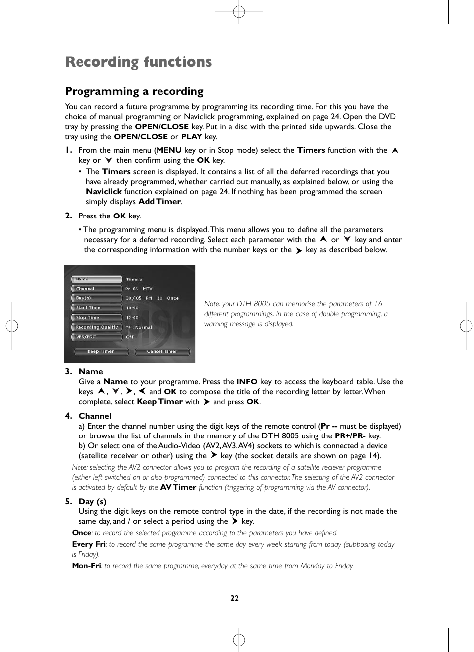 Recording functions, Programming a recording | Technicolor - Thomson DTH8005 User Manual | Page 22 / 60