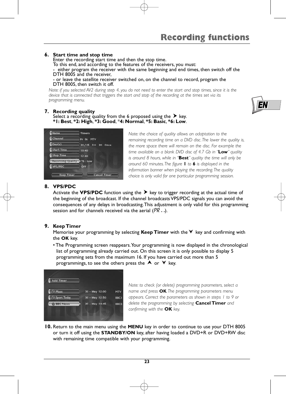 Recording functions | Technicolor - Thomson DTH8005 User Manual | Page 23 / 60