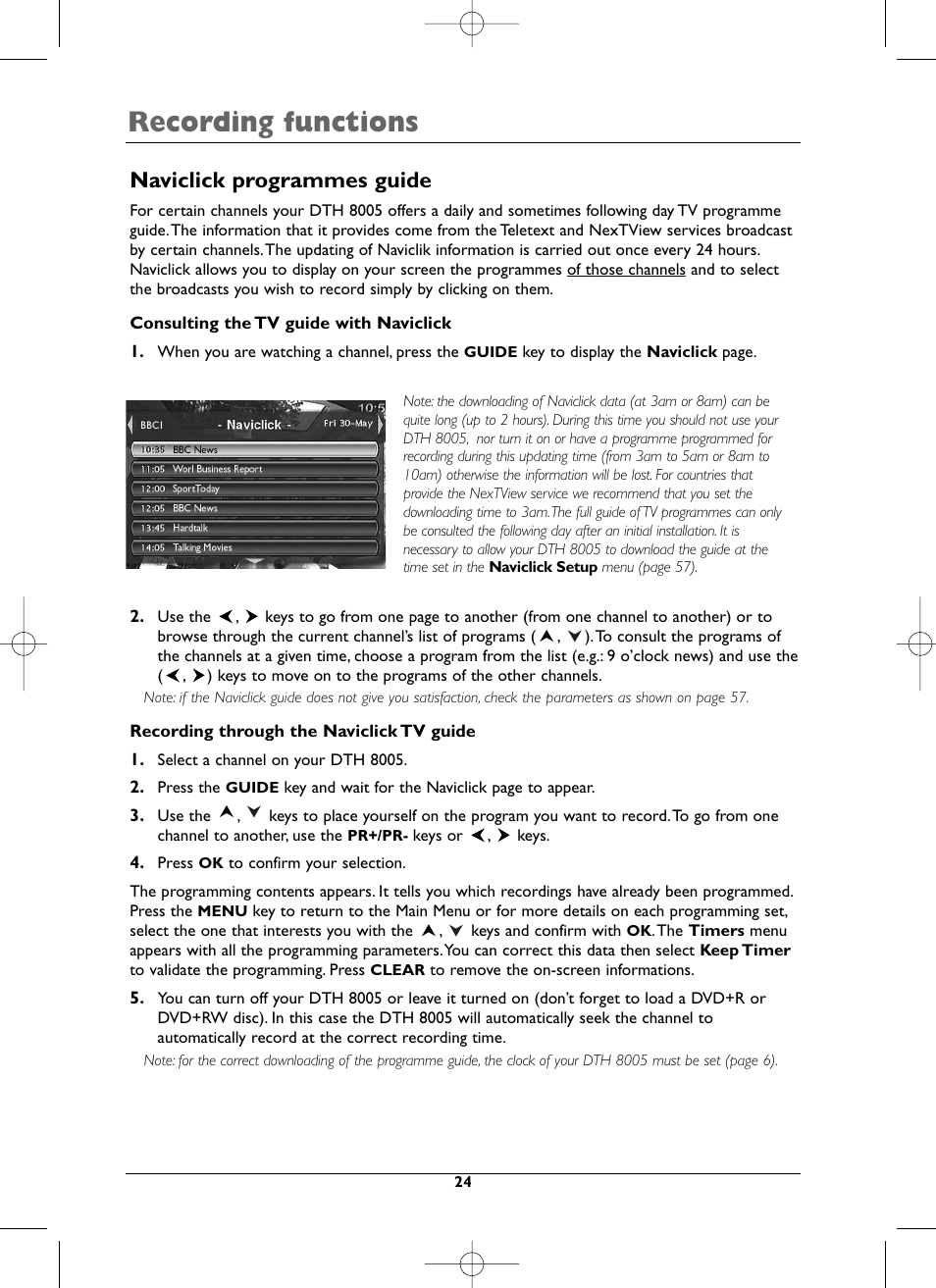 Recording functions, Naviclick programmes guide | Technicolor - Thomson DTH8005 User Manual | Page 24 / 60