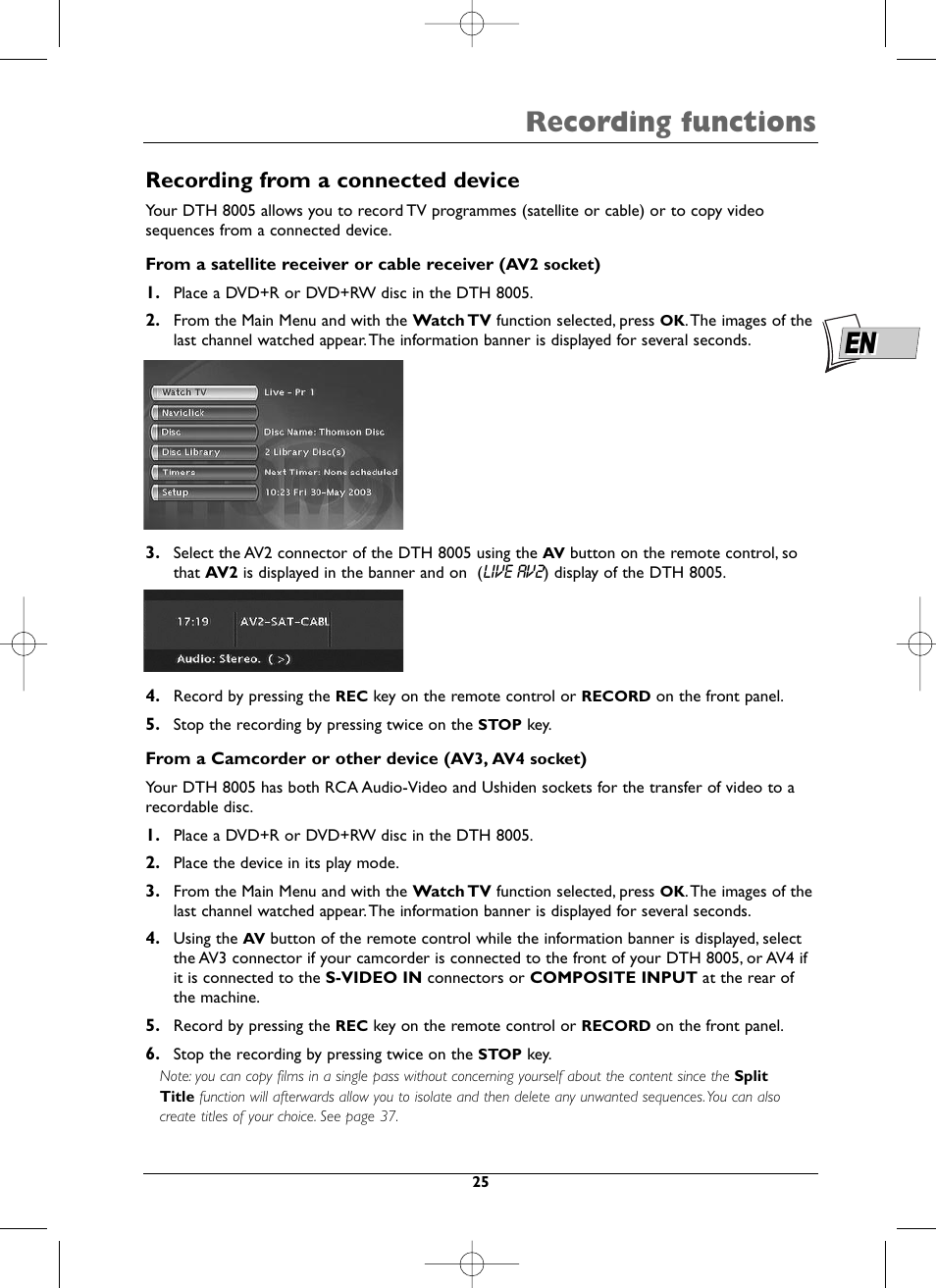 Recording functions, Recording from a connected device | Technicolor - Thomson DTH8005 User Manual | Page 25 / 60