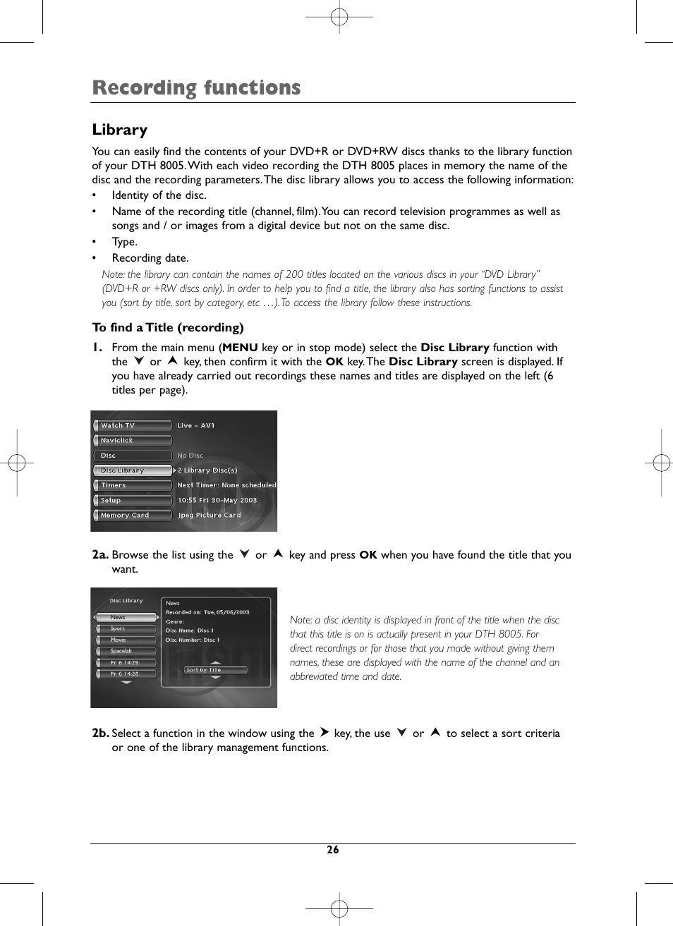 Recording functions, Library | Technicolor - Thomson DTH8005 User Manual | Page 26 / 60