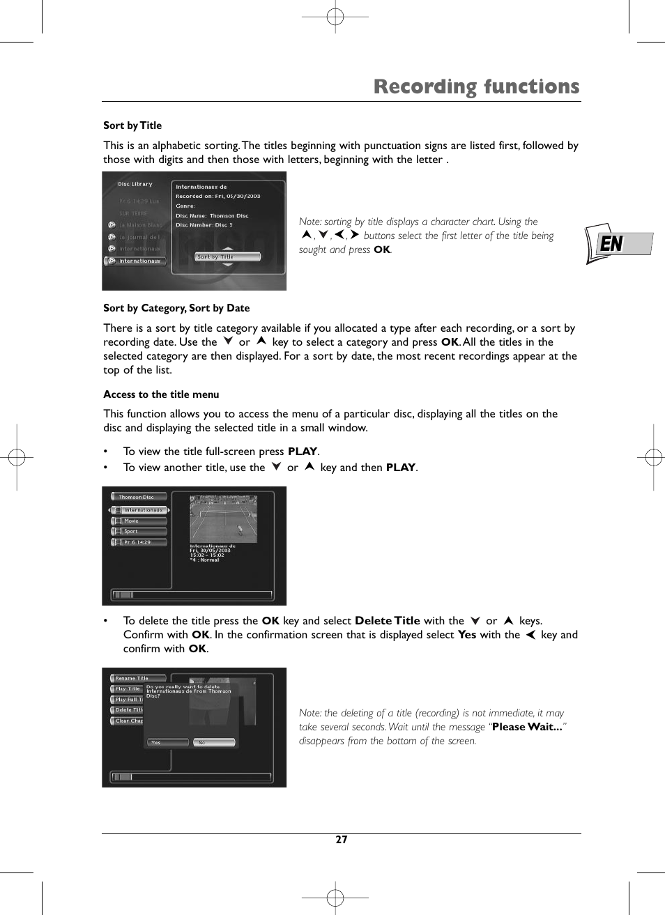 Recording functions | Technicolor - Thomson DTH8005 User Manual | Page 27 / 60