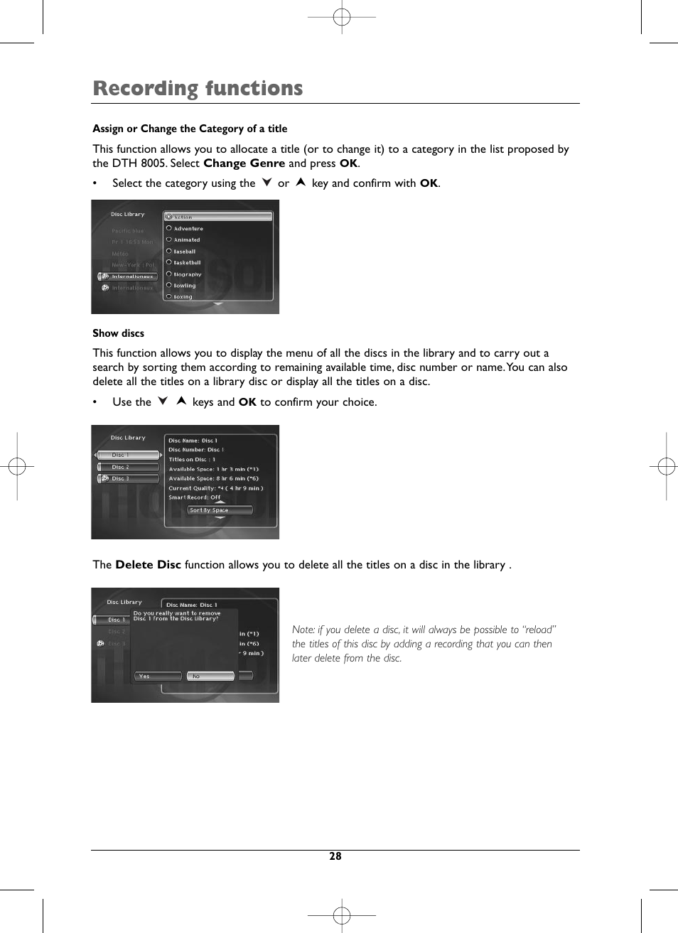 Recording functions | Technicolor - Thomson DTH8005 User Manual | Page 28 / 60