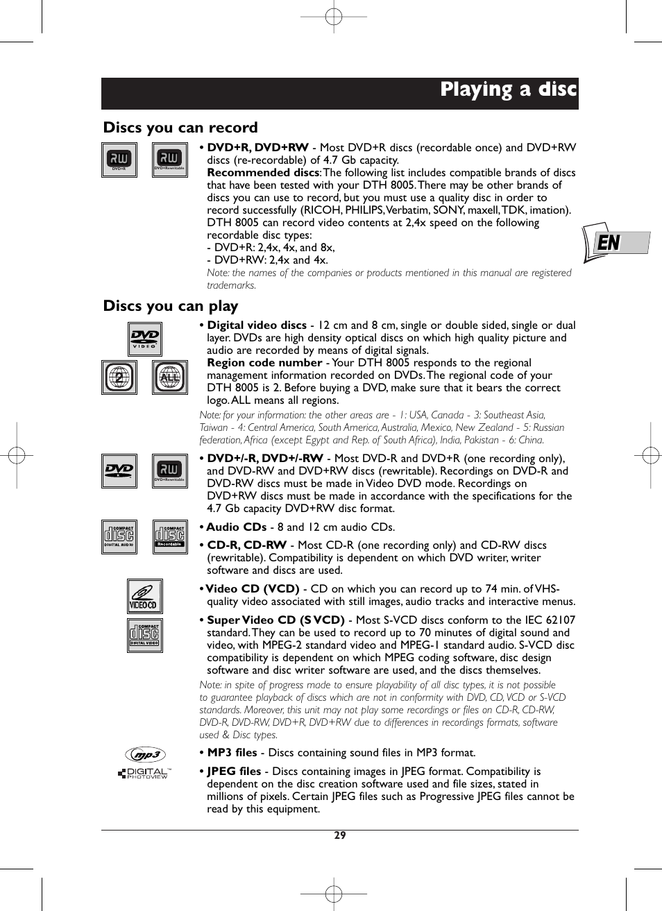 Playing a disc, Discs you can record, Discs you can play | Technicolor - Thomson DTH8005 User Manual | Page 29 / 60