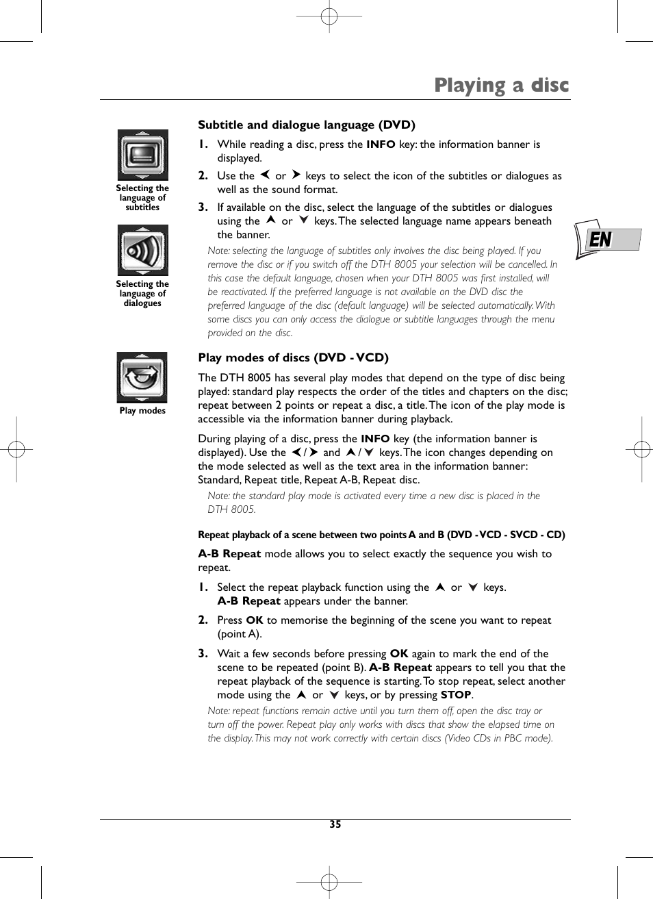 Playing a disc | Technicolor - Thomson DTH8005 User Manual | Page 35 / 60