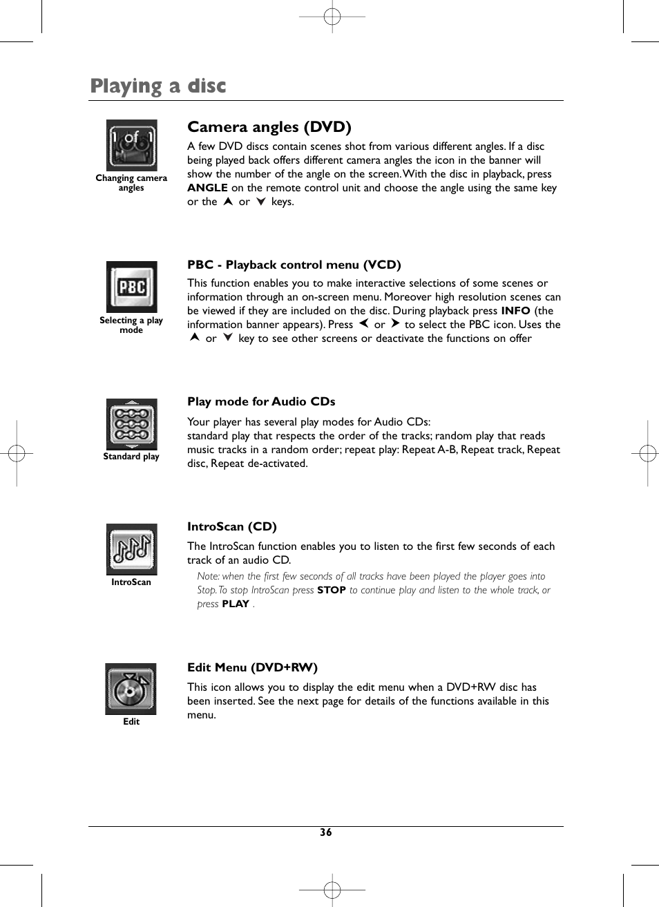 Playing a disc, Camera angles (dvd) | Technicolor - Thomson DTH8005 User Manual | Page 36 / 60