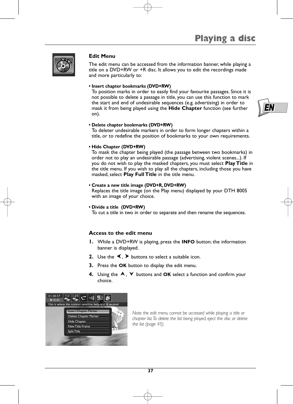 Playing a disc | Technicolor - Thomson DTH8005 User Manual | Page 37 / 60