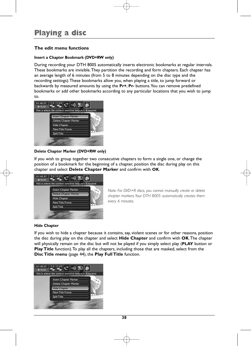 Playing a disc, The edit menu functions | Technicolor - Thomson DTH8005 User Manual | Page 38 / 60