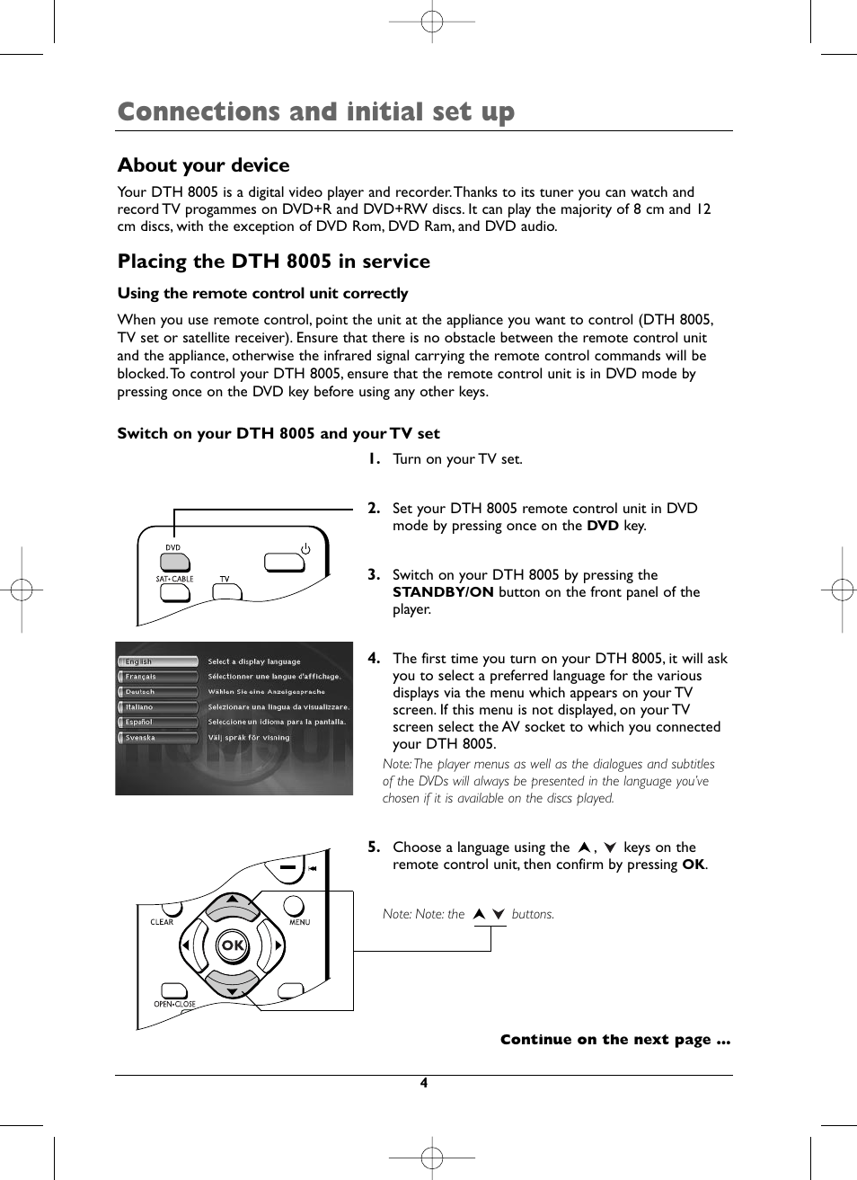 Connections and initial set up, About your device, Placing the dth 8005 in service | Technicolor - Thomson DTH8005 User Manual | Page 4 / 60