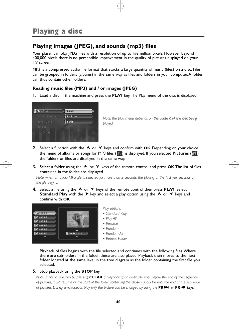 Playing a disc, Playing images (jpeg), and sounds (mp3) files | Technicolor - Thomson DTH8005 User Manual | Page 40 / 60