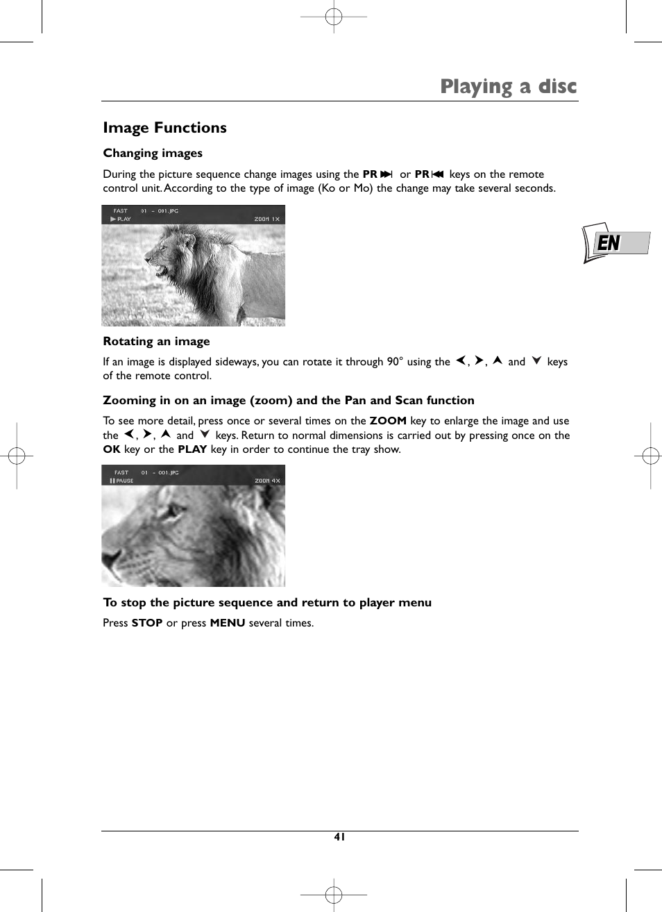 Playing a disc, Image functions | Technicolor - Thomson DTH8005 User Manual | Page 41 / 60