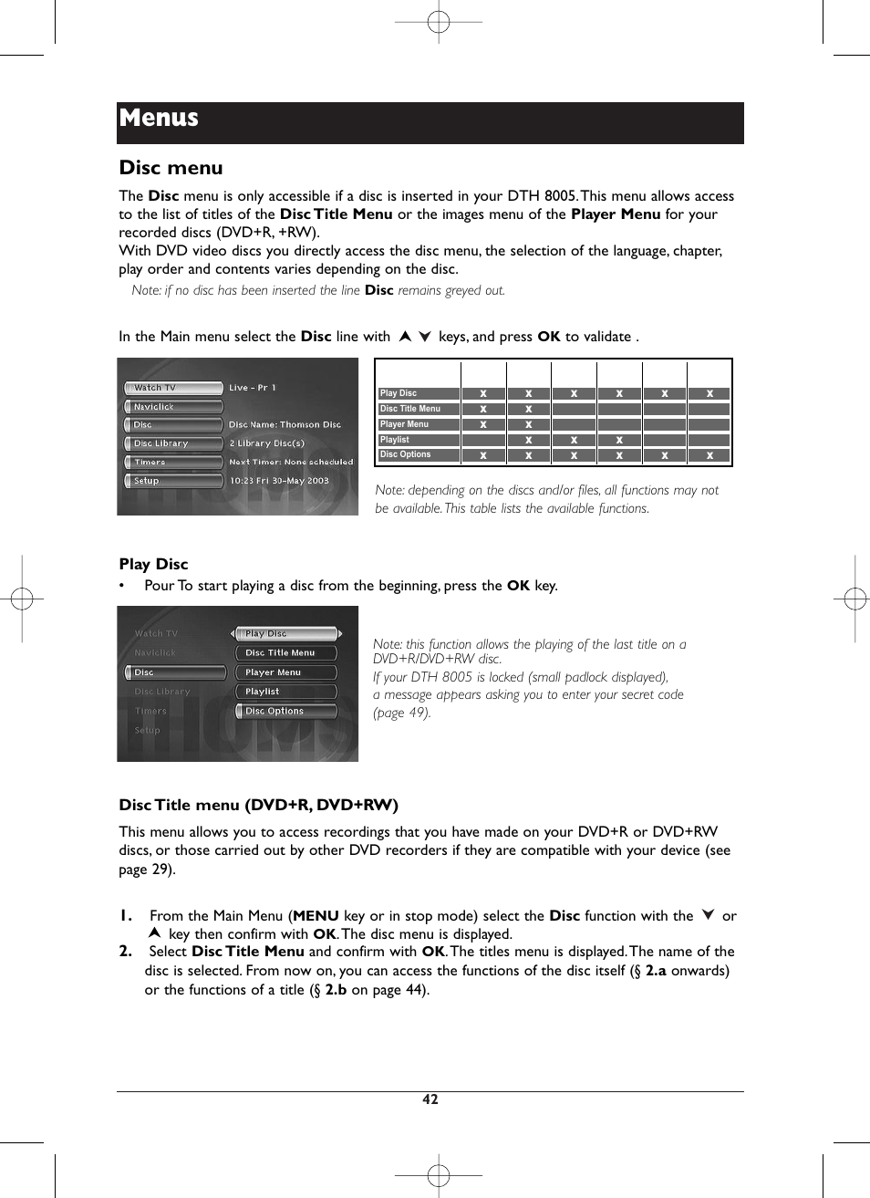 Menus, Disc menu | Technicolor - Thomson DTH8005 User Manual | Page 42 / 60