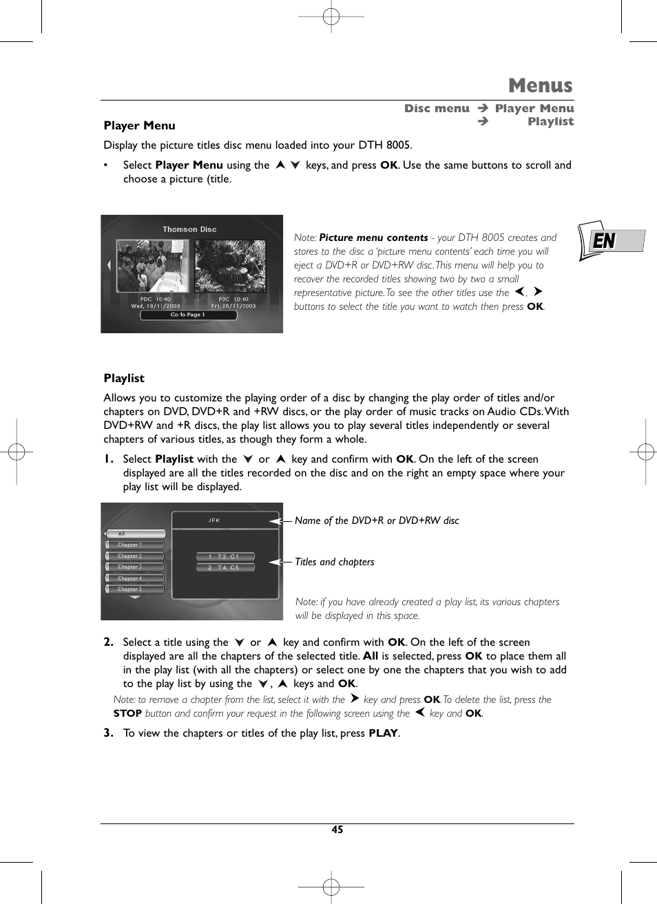 Menus | Technicolor - Thomson DTH8005 User Manual | Page 45 / 60