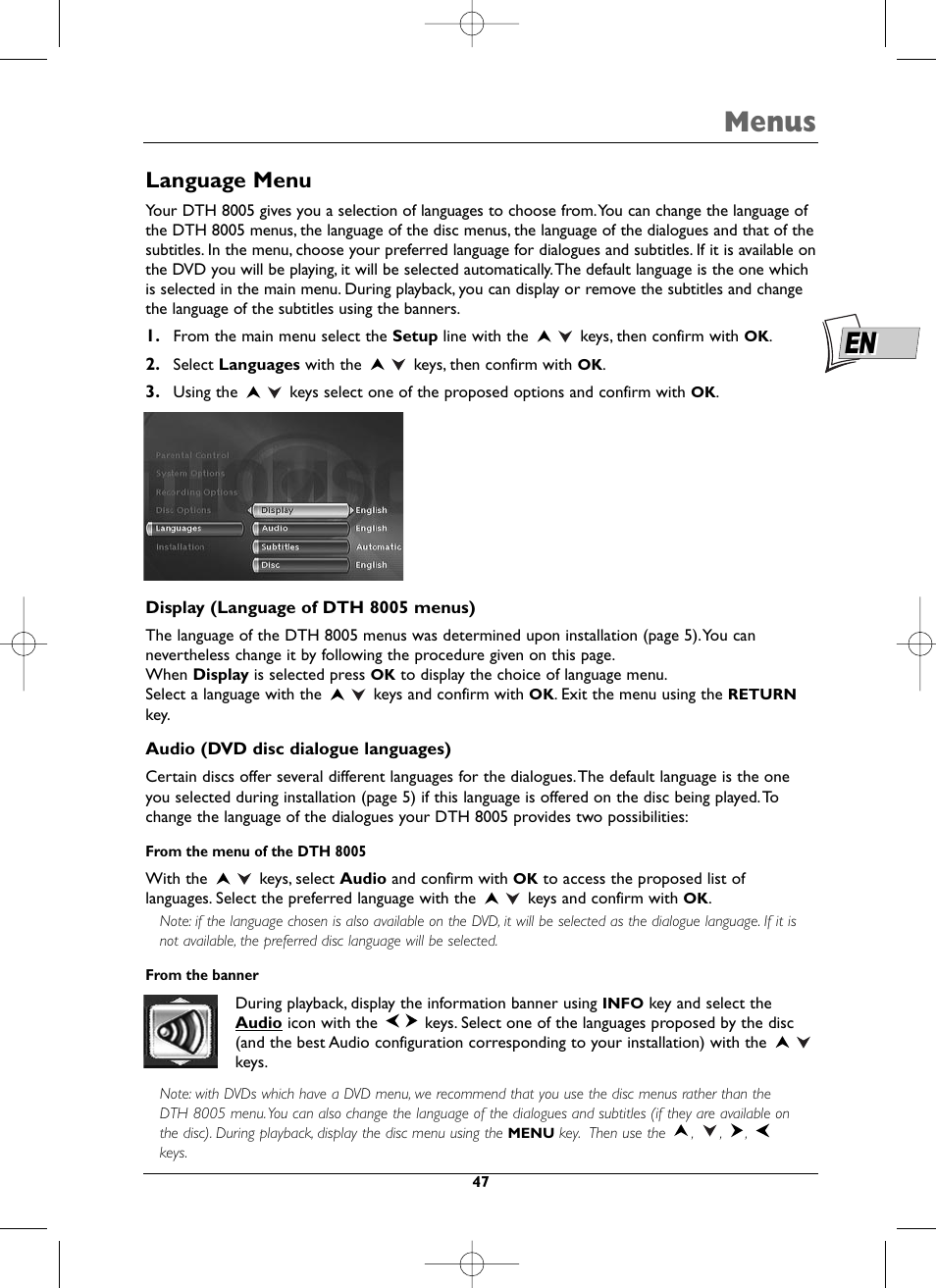 Menus, Language menu | Technicolor - Thomson DTH8005 User Manual | Page 47 / 60