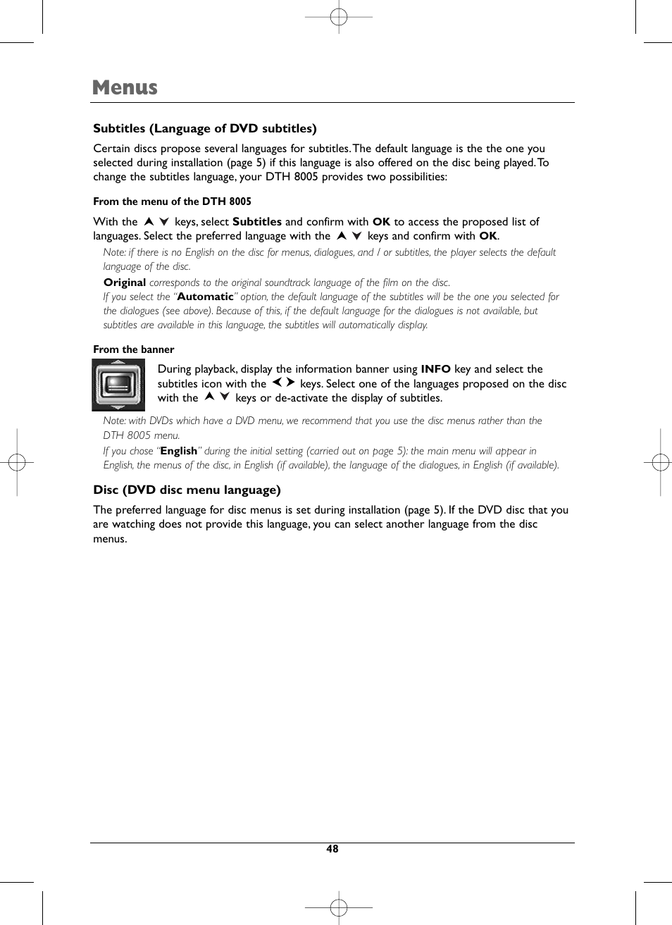 Menus | Technicolor - Thomson DTH8005 User Manual | Page 48 / 60