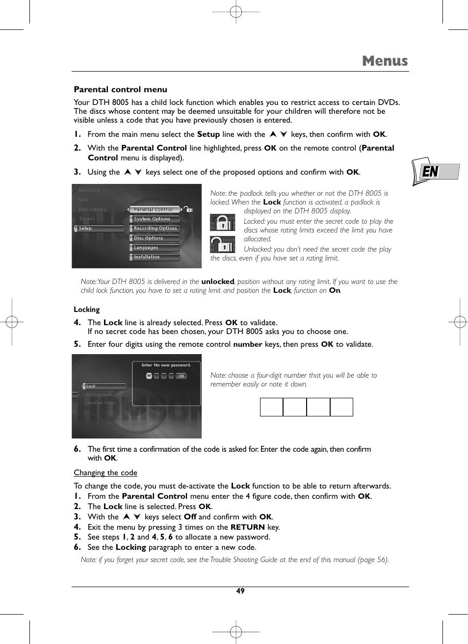 Menus | Technicolor - Thomson DTH8005 User Manual | Page 49 / 60