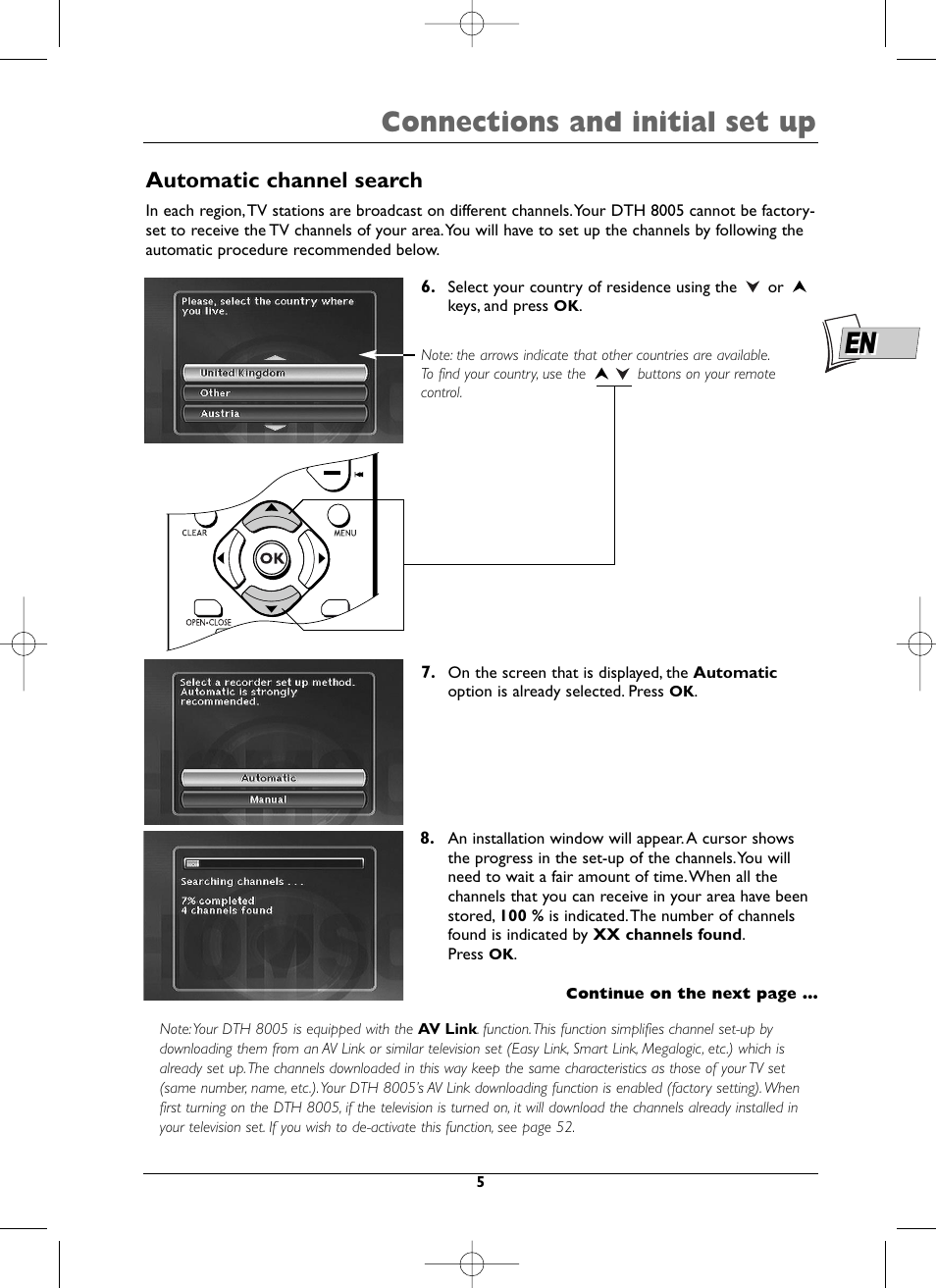 Connections and initial set up, Automatic channel search | Technicolor - Thomson DTH8005 User Manual | Page 5 / 60