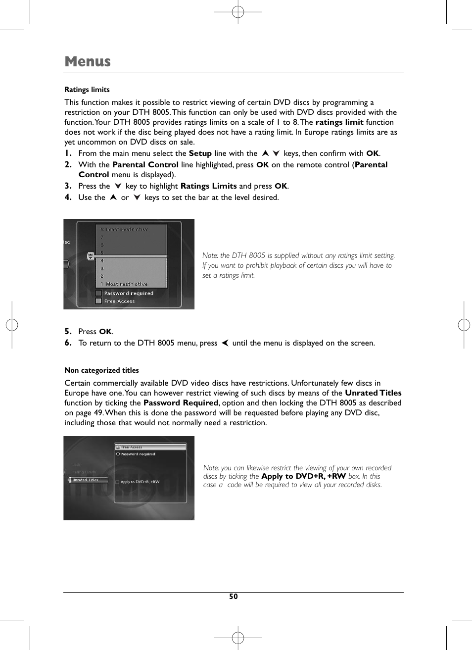 Menus | Technicolor - Thomson DTH8005 User Manual | Page 50 / 60