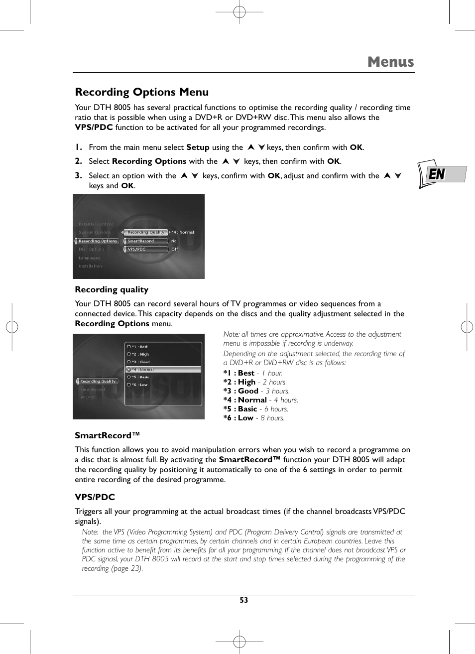 Menus, Recording options menu | Technicolor - Thomson DTH8005 User Manual | Page 53 / 60