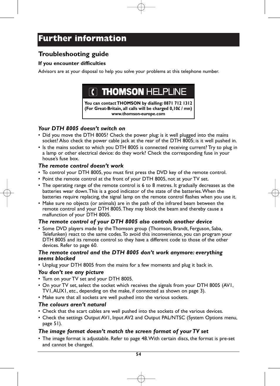 Further information, Troubleshooting guide | Technicolor - Thomson DTH8005 User Manual | Page 54 / 60