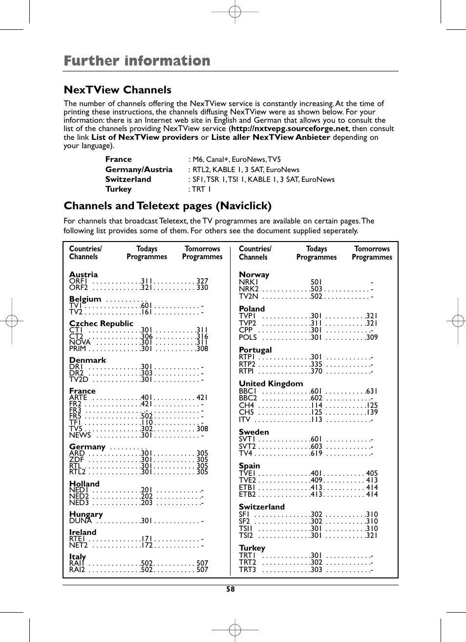 Further information, Nextview channels, Channels and teletext pages (naviclick) | Technicolor - Thomson DTH8005 User Manual | Page 58 / 60