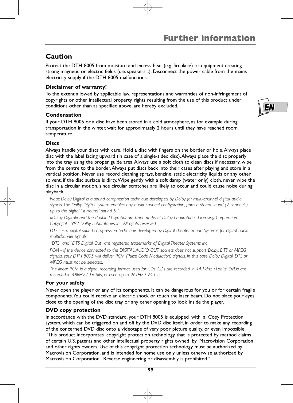 Further information, Caution | Technicolor - Thomson DTH8005 User Manual | Page 59 / 60