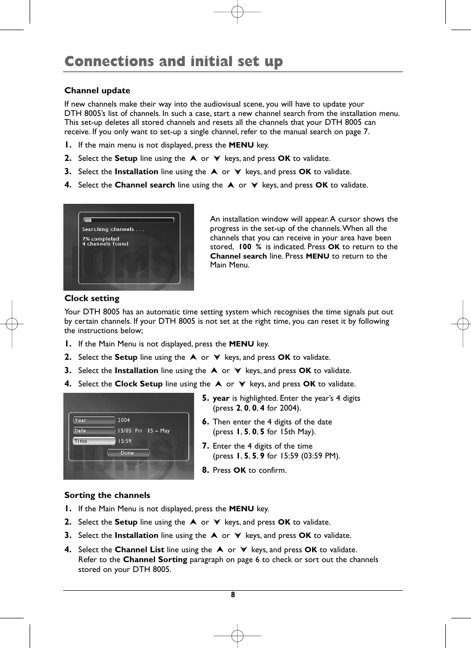 Connections and initial set up | Technicolor - Thomson DTH8005 User Manual | Page 8 / 60