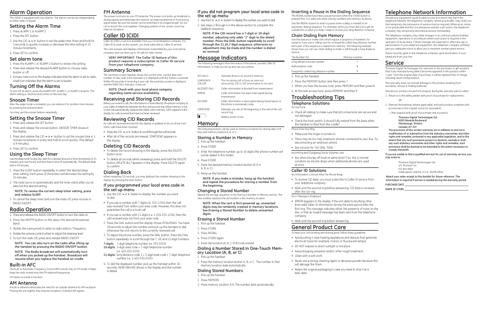 Alarm operation, Radio operation, Caller id (cid) | Message indicators, Troubleshooting tips, General product care, Telephone network information, Service, Setting the alarm time, Set alarm tone | Technicolor - Thomson 29297 User Manual | Page 2 / 2