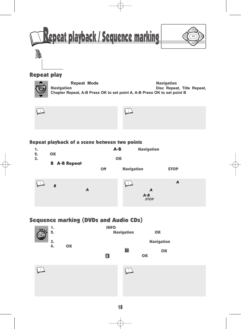 Epeat playback / sequence marking, Sequence marking (dvds and audio cds), Repeat play | Technicolor - Thomson DTH210E User Manual | Page 18 / 24