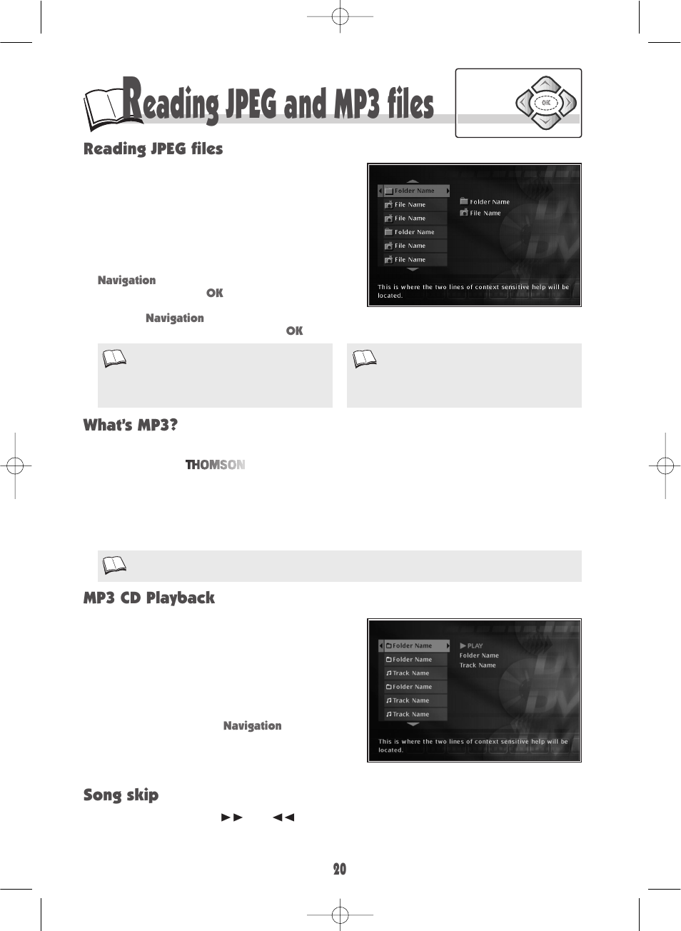 Eading jpeg and mp3 files, Mp3 cd playback what’s mp3? song skip, Reading jpeg files | Technicolor - Thomson DTH210E User Manual | Page 20 / 24