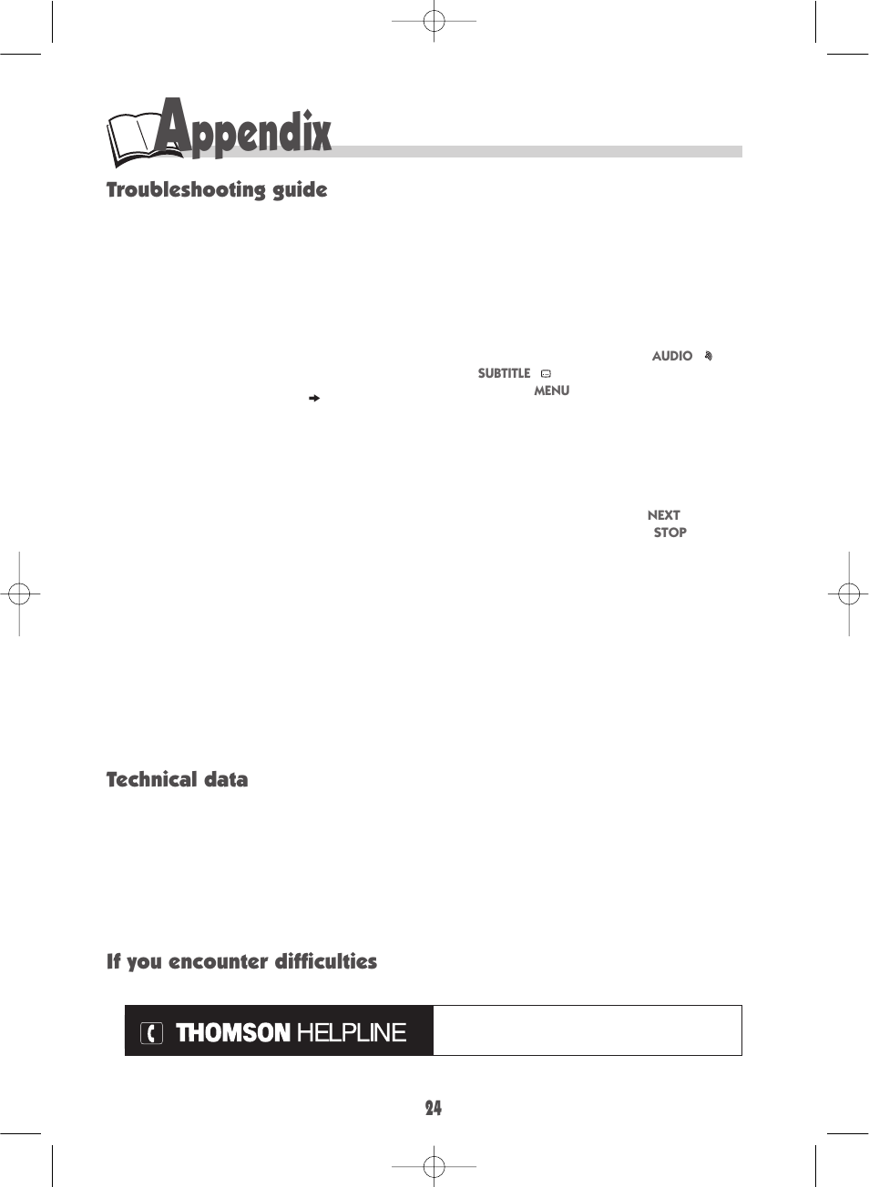 Ppendix, Troubleshooting guide, Technical data if you encounter difficulties | Technicolor - Thomson DTH210E User Manual | Page 24 / 24