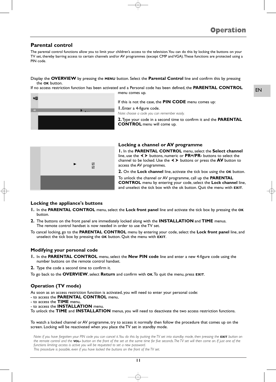 Operation, Parental control | Technicolor - Thomson EFC031 User Manual | Page 11 / 14