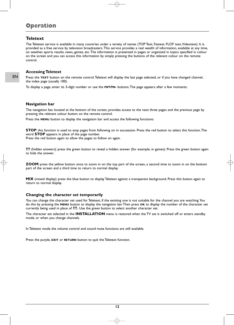 Operation, Teletext | Technicolor - Thomson EFC031 User Manual | Page 12 / 14
