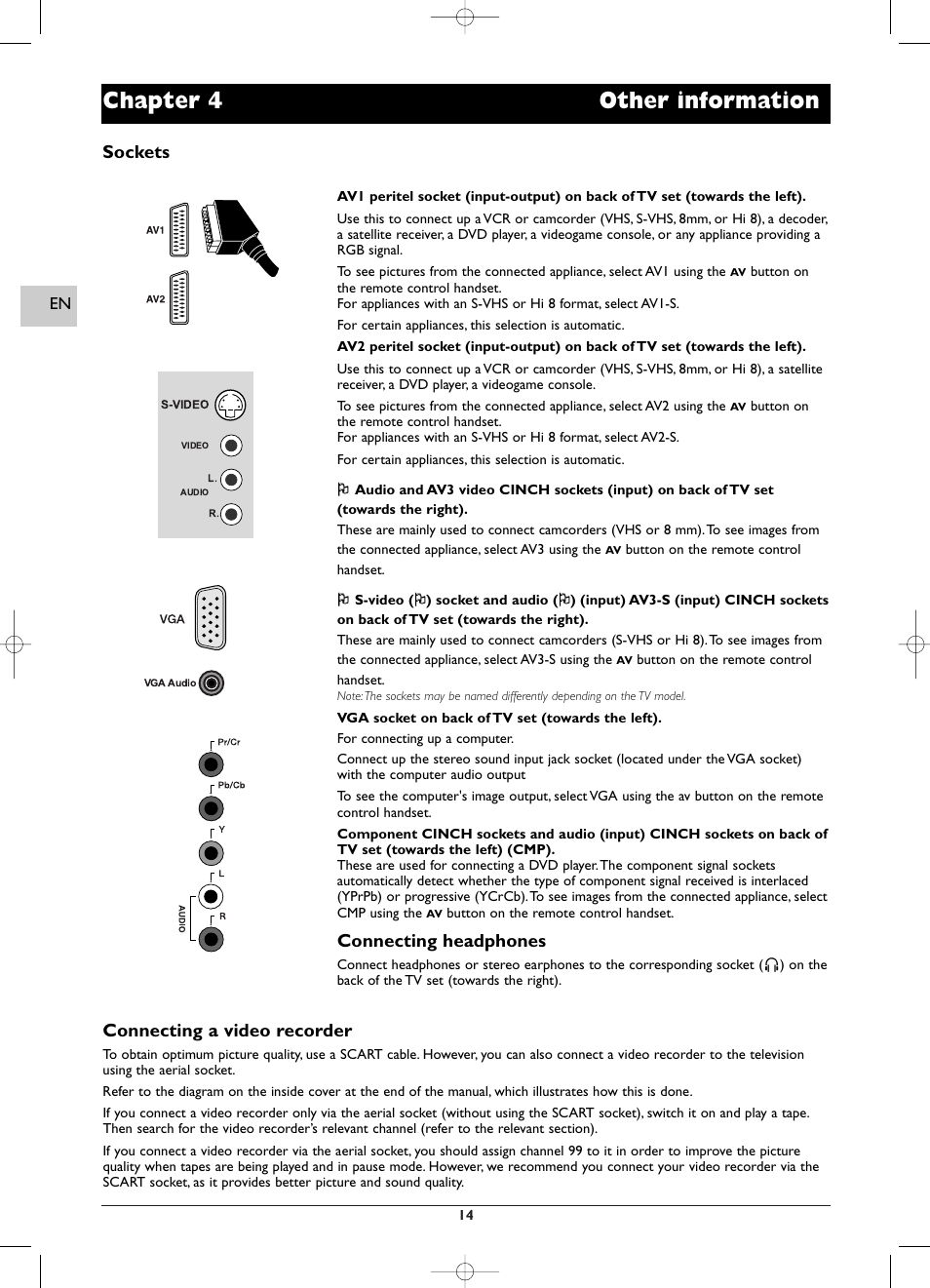 Chapter 4 other information, Sockets, Connecting headphones | Connecting a video recorder | Technicolor - Thomson EFC031 User Manual | Page 14 / 14