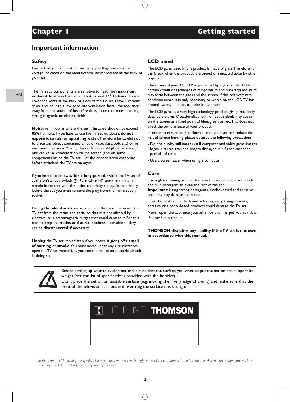 Helpline, Chapter 1 getting started, Important information | Technicolor - Thomson EFC031 User Manual | Page 2 / 14