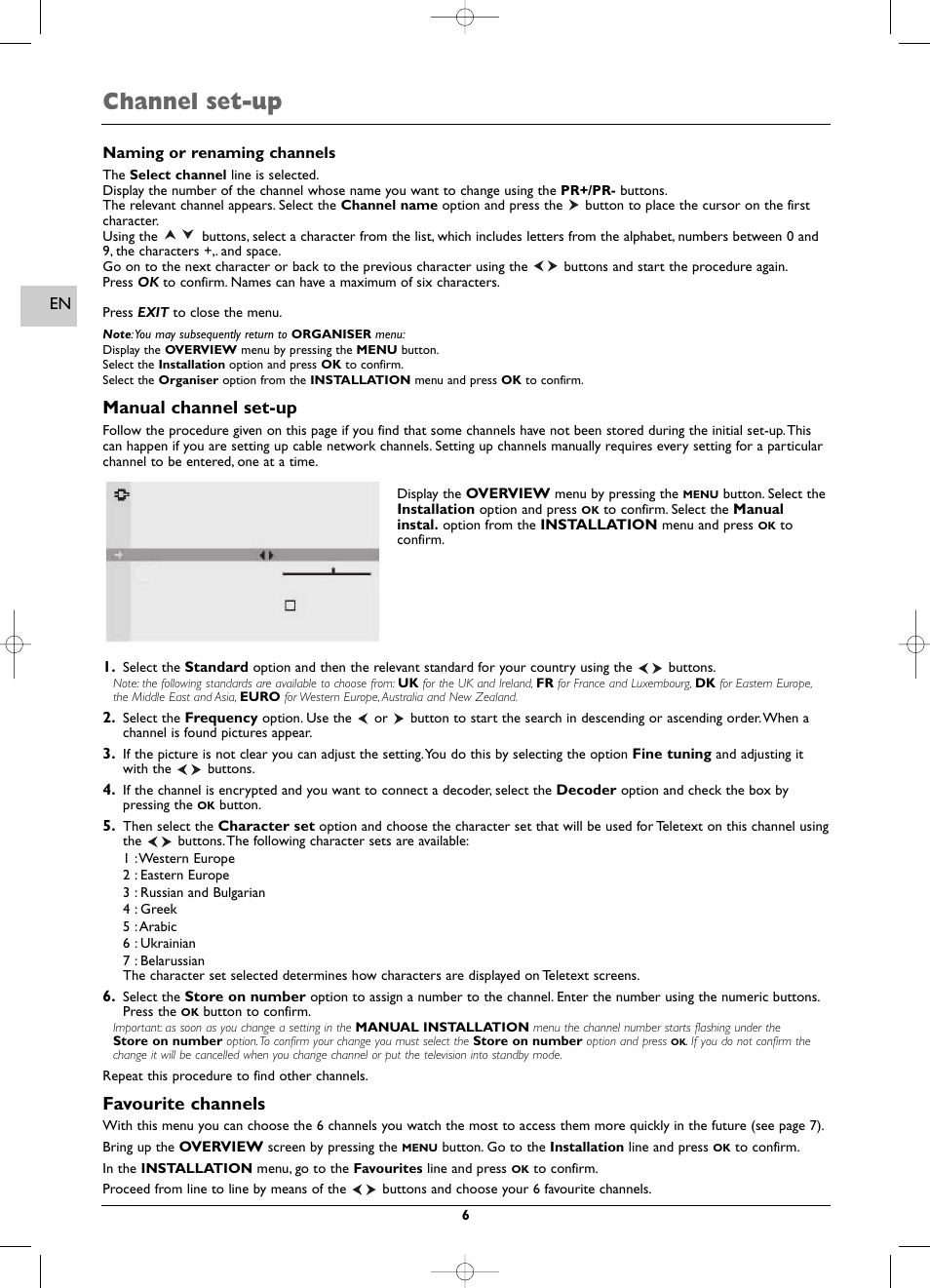 Channel set-up, Manual channel set-up, Favourite channels | Technicolor - Thomson EFC031 User Manual | Page 6 / 14