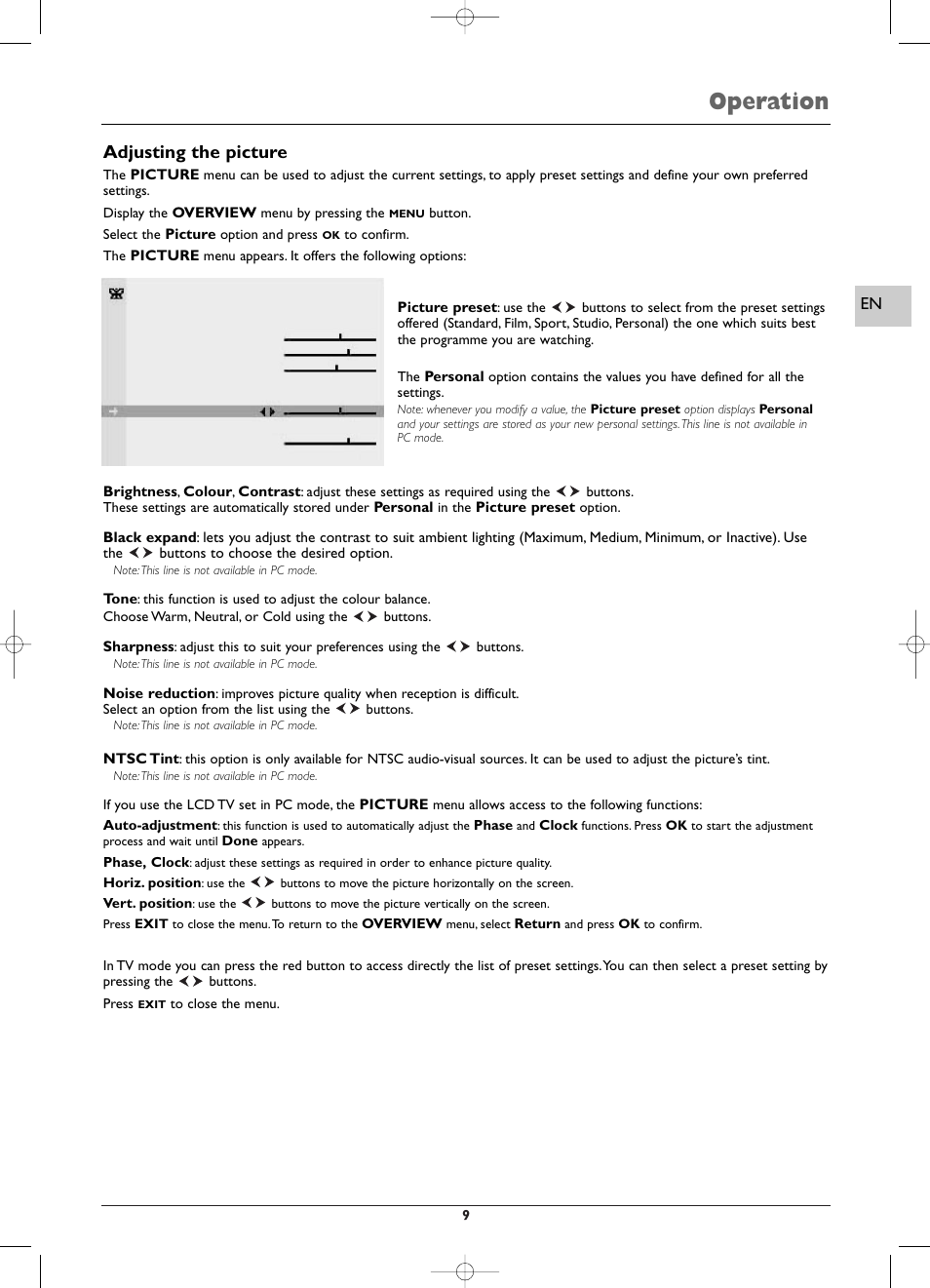 Operation, Adjusting the picture | Technicolor - Thomson EFC031 User Manual | Page 9 / 14