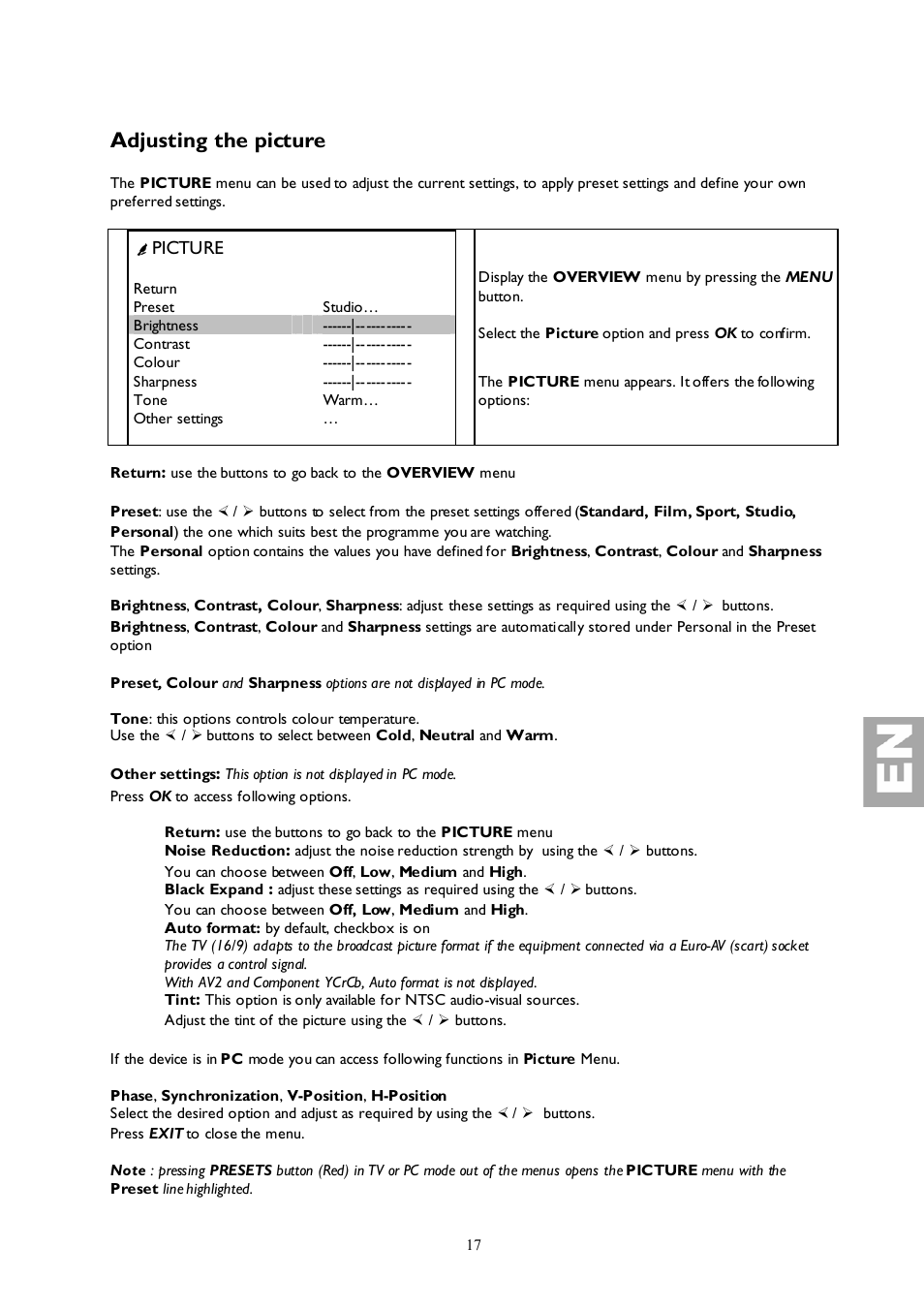 Adjusting the picture | Technicolor - Thomson 27LB120S4 User Manual | Page 17 / 25