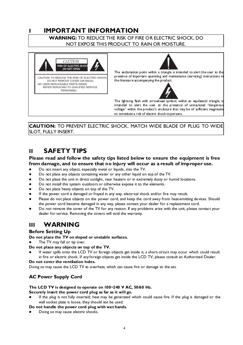 Important information, Safety tips, Warning | Before setting up, Ac power supply cord | Technicolor - Thomson 27LB120S4 User Manual | Page 4 / 25