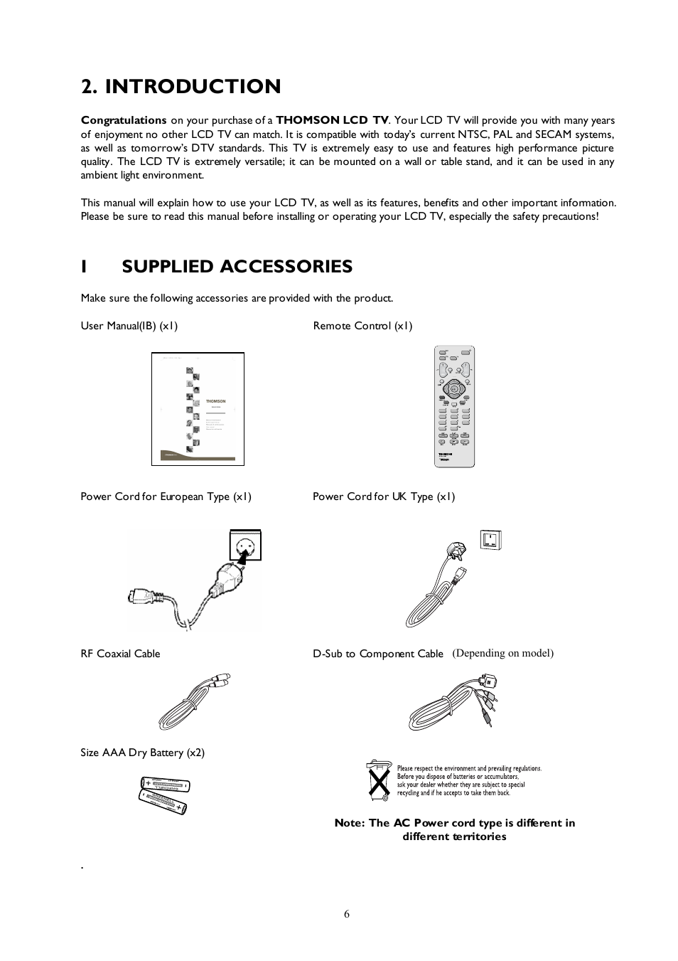 Introduction, Isupplied accessories | Technicolor - Thomson 27LB120S4 User Manual | Page 6 / 25
