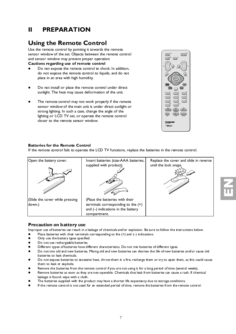 Ii preparation, Using the remote control, Precaution on battery use | Technicolor - Thomson 27LB120S4 User Manual | Page 7 / 25