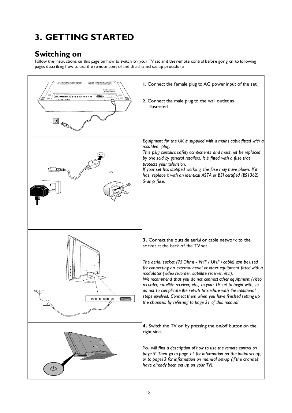 Getting started, Switching on | Technicolor - Thomson 27LB120S4 User Manual | Page 8 / 25