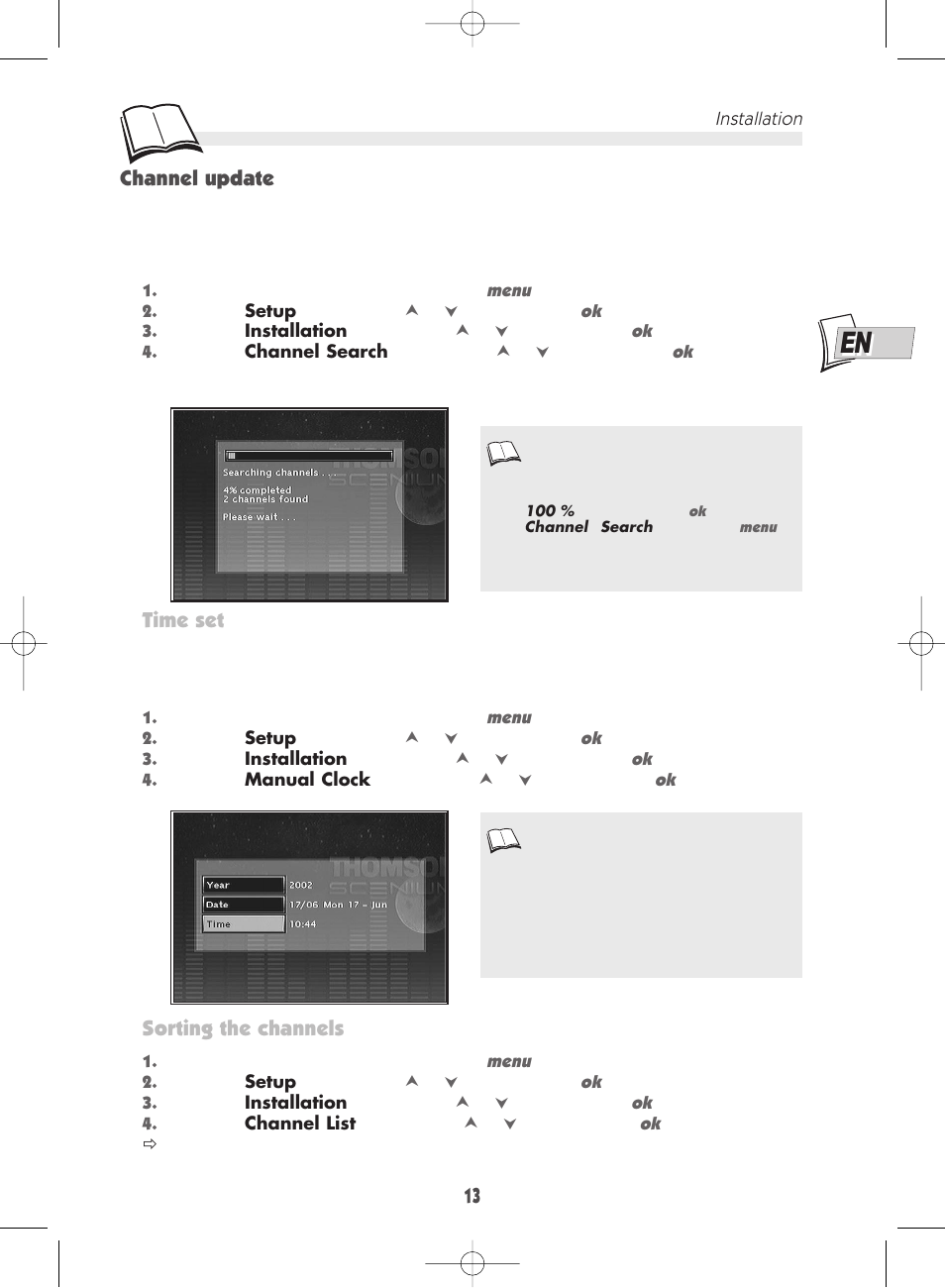 13 channel update, Time set, Sorting the channels | Technicolor - Thomson DTH 7000 E User Manual | Page 13 / 60