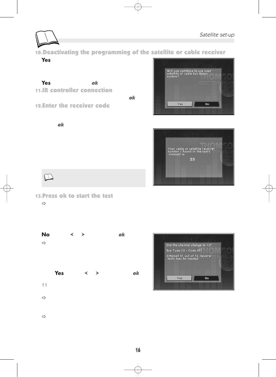 Ir controller connection, Enter the receiver code, Press ok to start the test | Technicolor - Thomson DTH 7000 E User Manual | Page 16 / 60